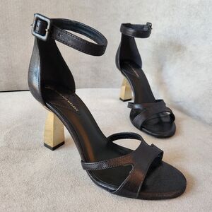 Antonio Melani dress sandals 6.5 black leather gold sculpted heels Galla new$140